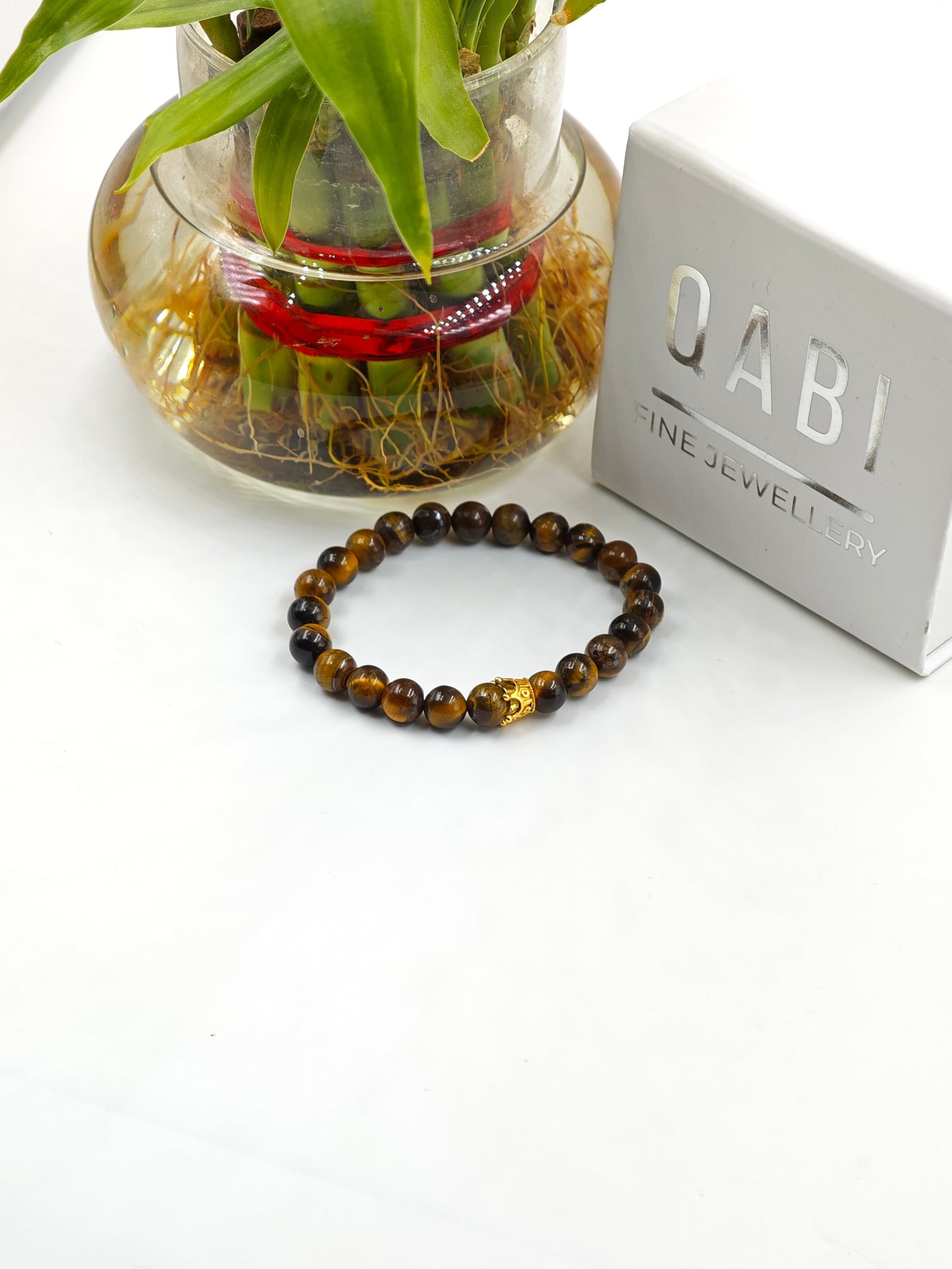 YELLOW TIGER EYE BEADED BAND WITH SILVER CROWN CLASP GOLD PLATTED