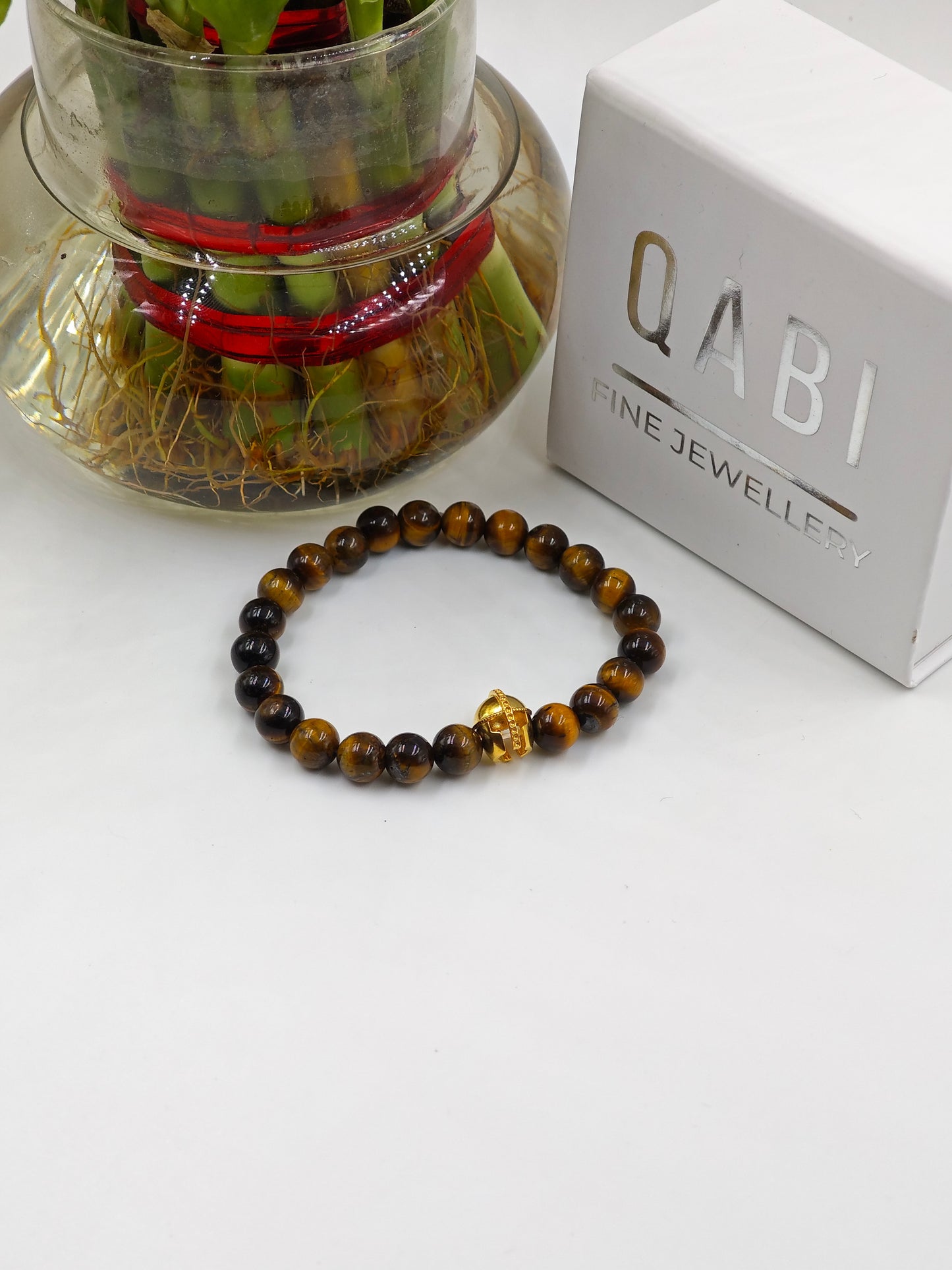 YELLOW TIGER EYE BEADED BAND WITH SILVER WARRIRO CAP CLASP GOLD PLATTED