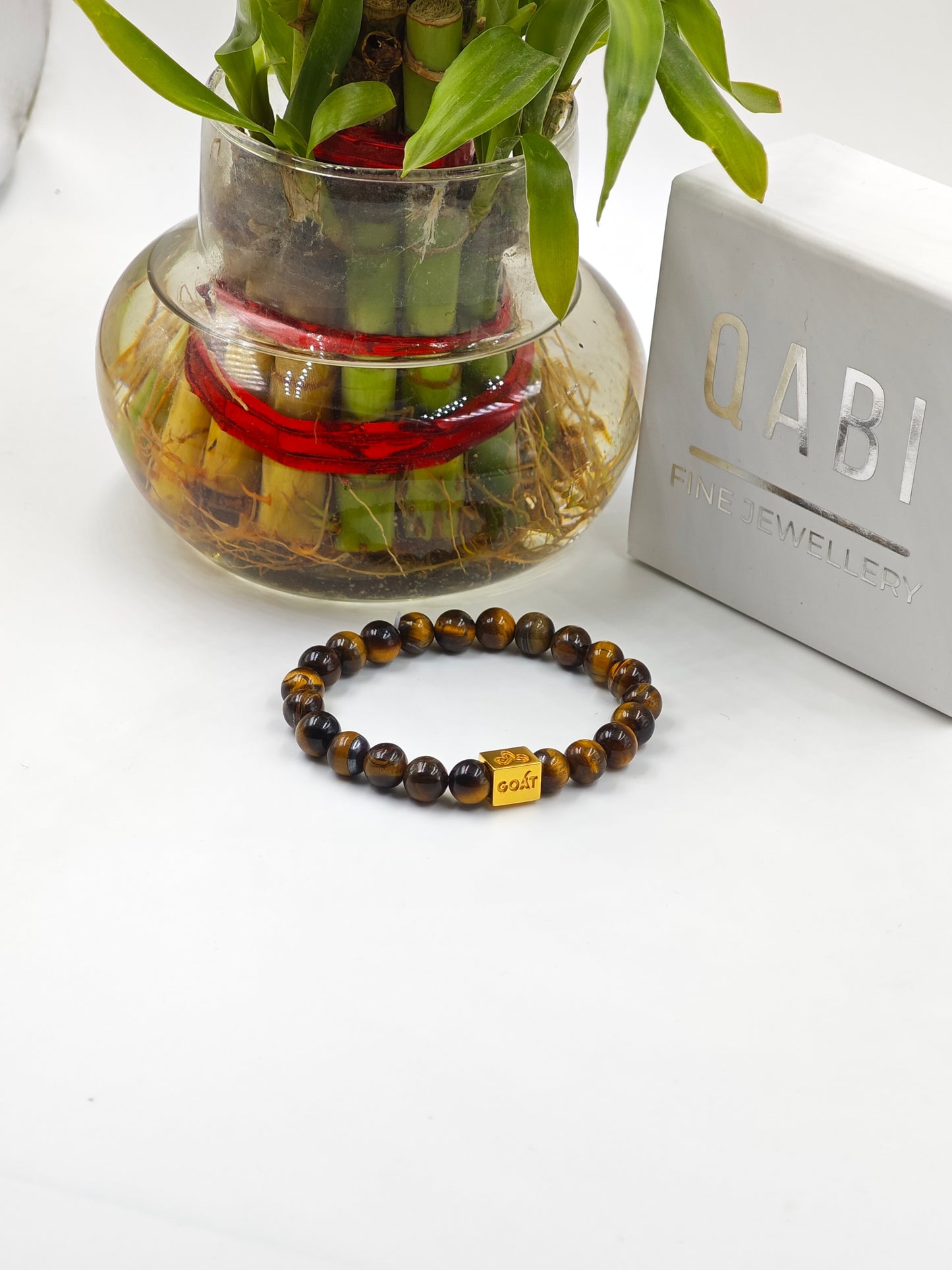 YELLOW TIGER EYE BEADED BAND WITH SILVER G.O.A.T SIGNATURE DRUM GOLD PLATTED