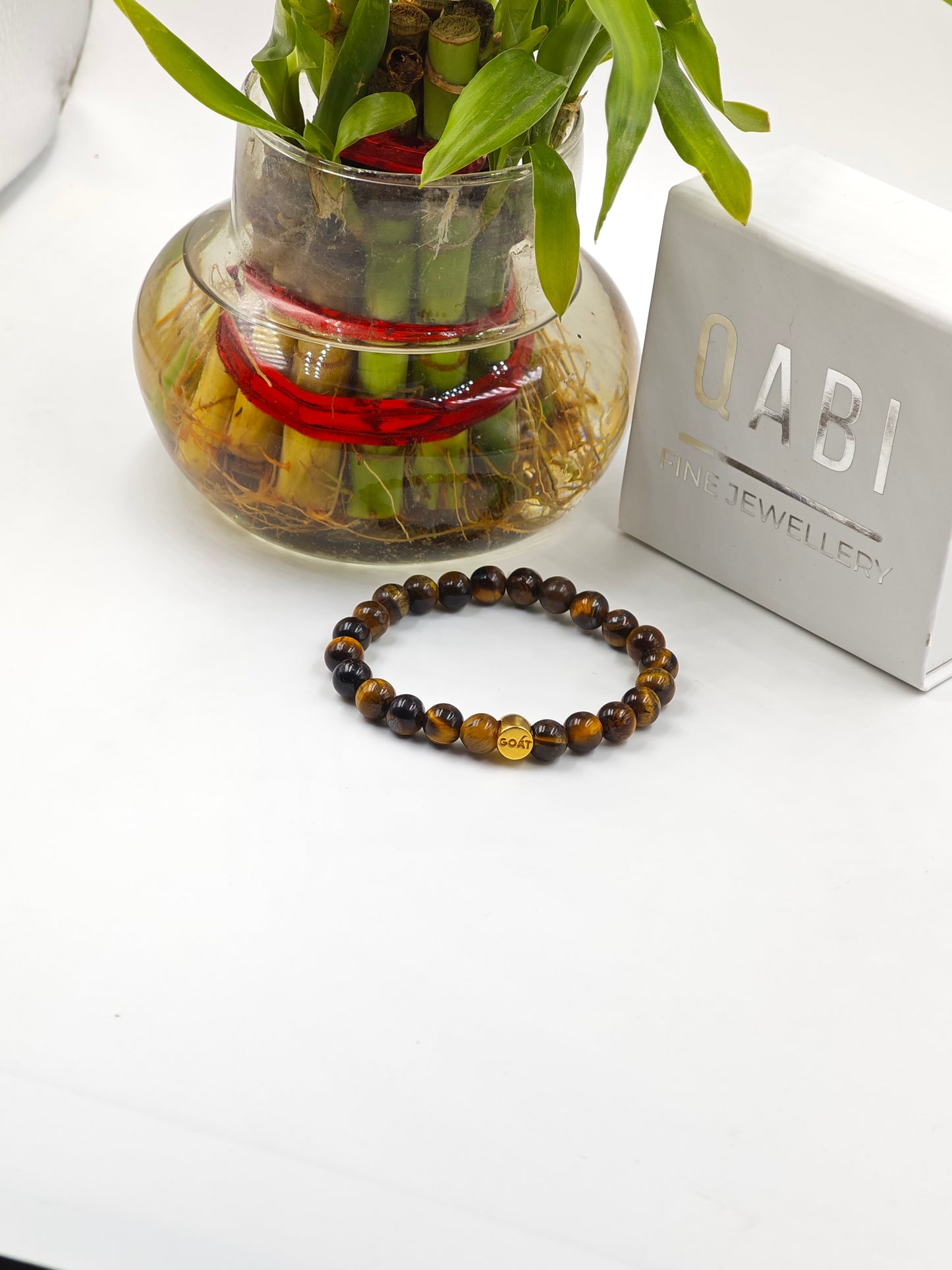 YELLOW TIGER EYE BEADED BAND WITH SILVER G.OA.T SIGNATURE DRUM GOLD PLATTED