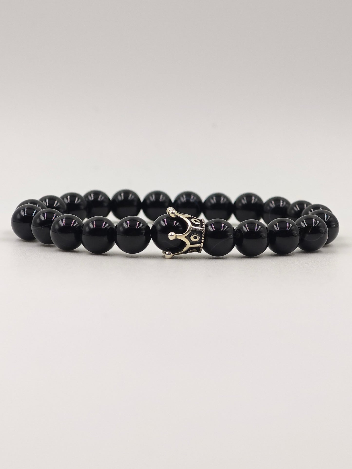 BLACK OBSIDIAN BEADED BAND WITH SILVER CROWN CLASP