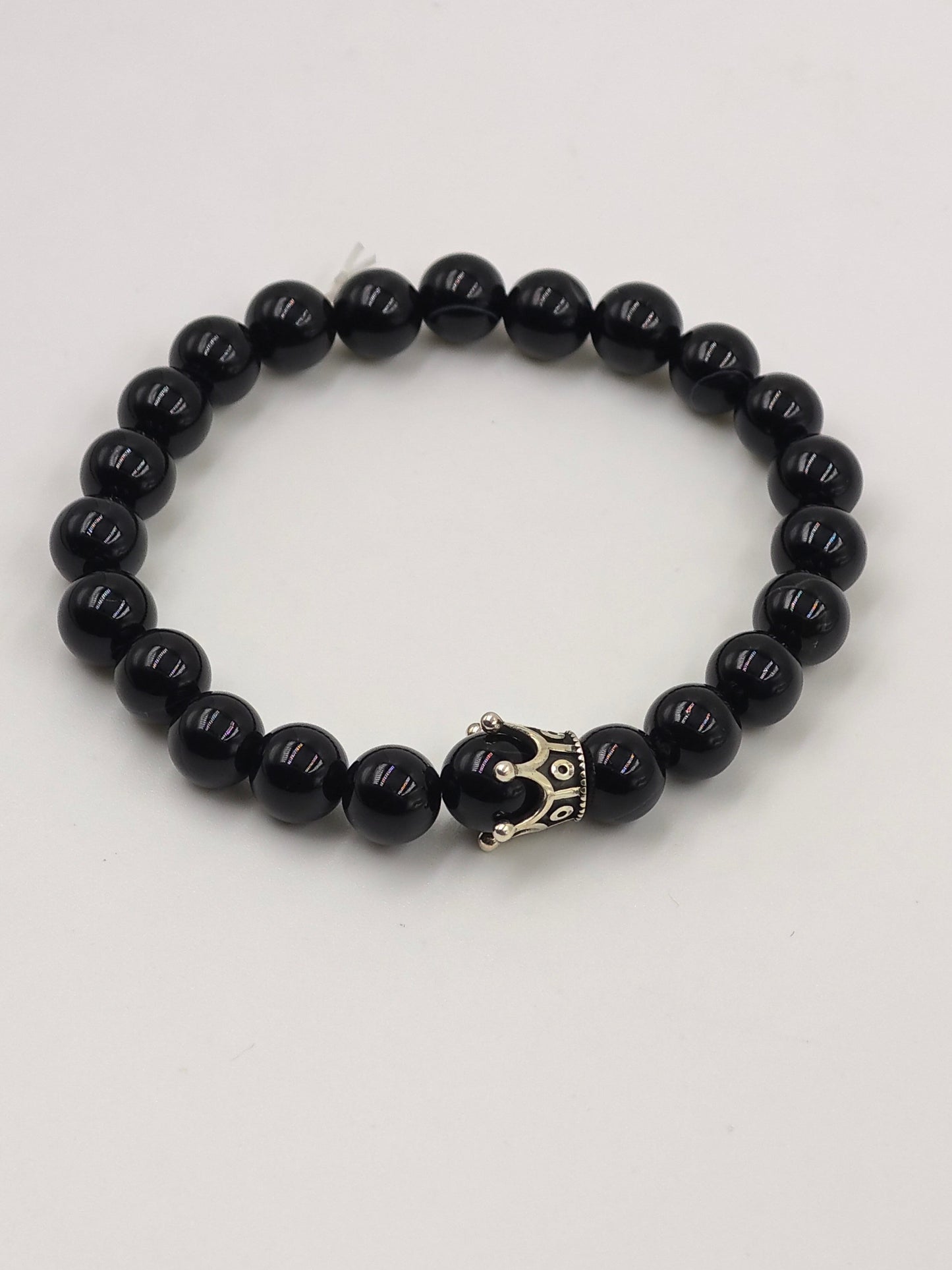 BLACK OBSIDIAN BEADED BAND WITH SILVER CROWN CLASP