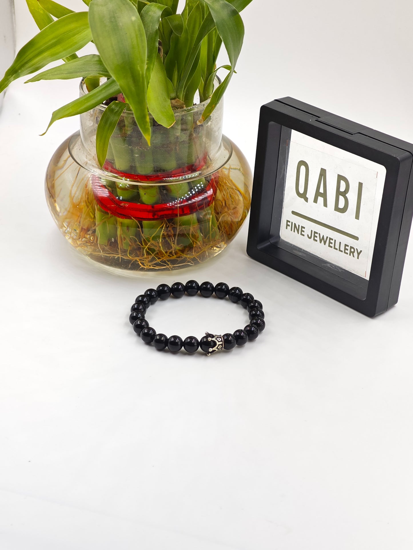 BLACK OBSIDIAN BEADED BAND WITH SILVER CROWN CLASP