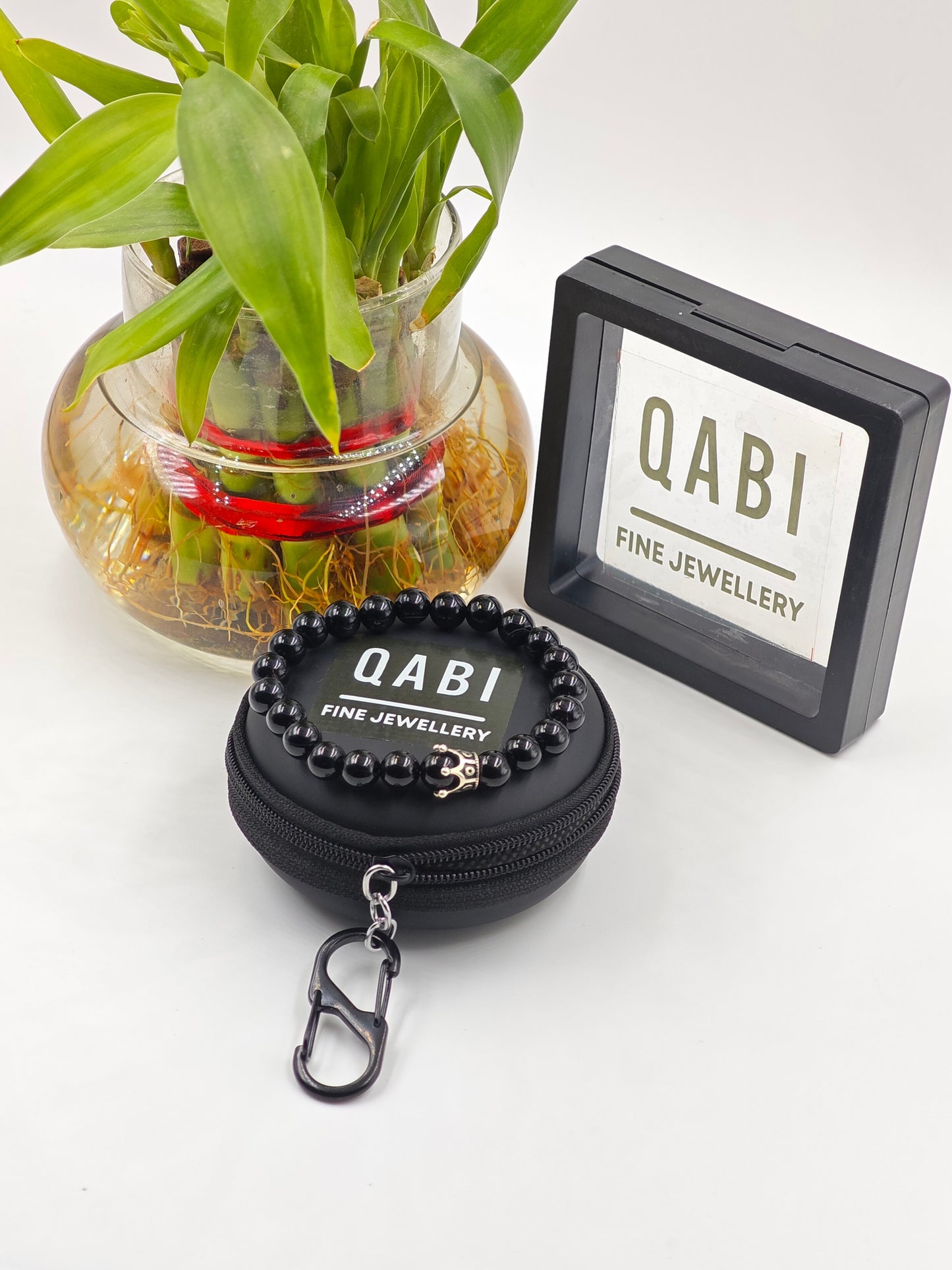 BLACK OBSIDIAN BEADED BAND WITH SILVER CROWN CLASP