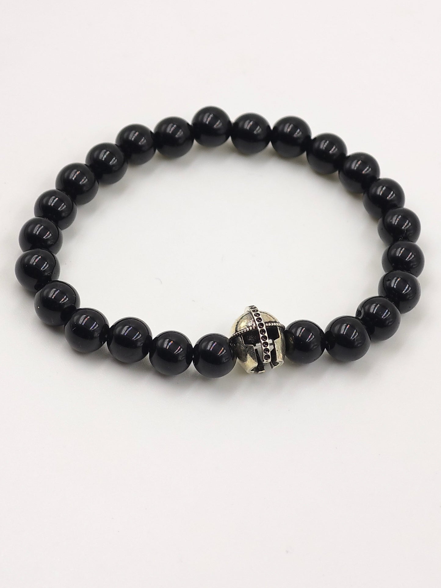 BLACK OBSIDIAN BEADED BAND WITH SILVER WARRIOR CAP CLASP
