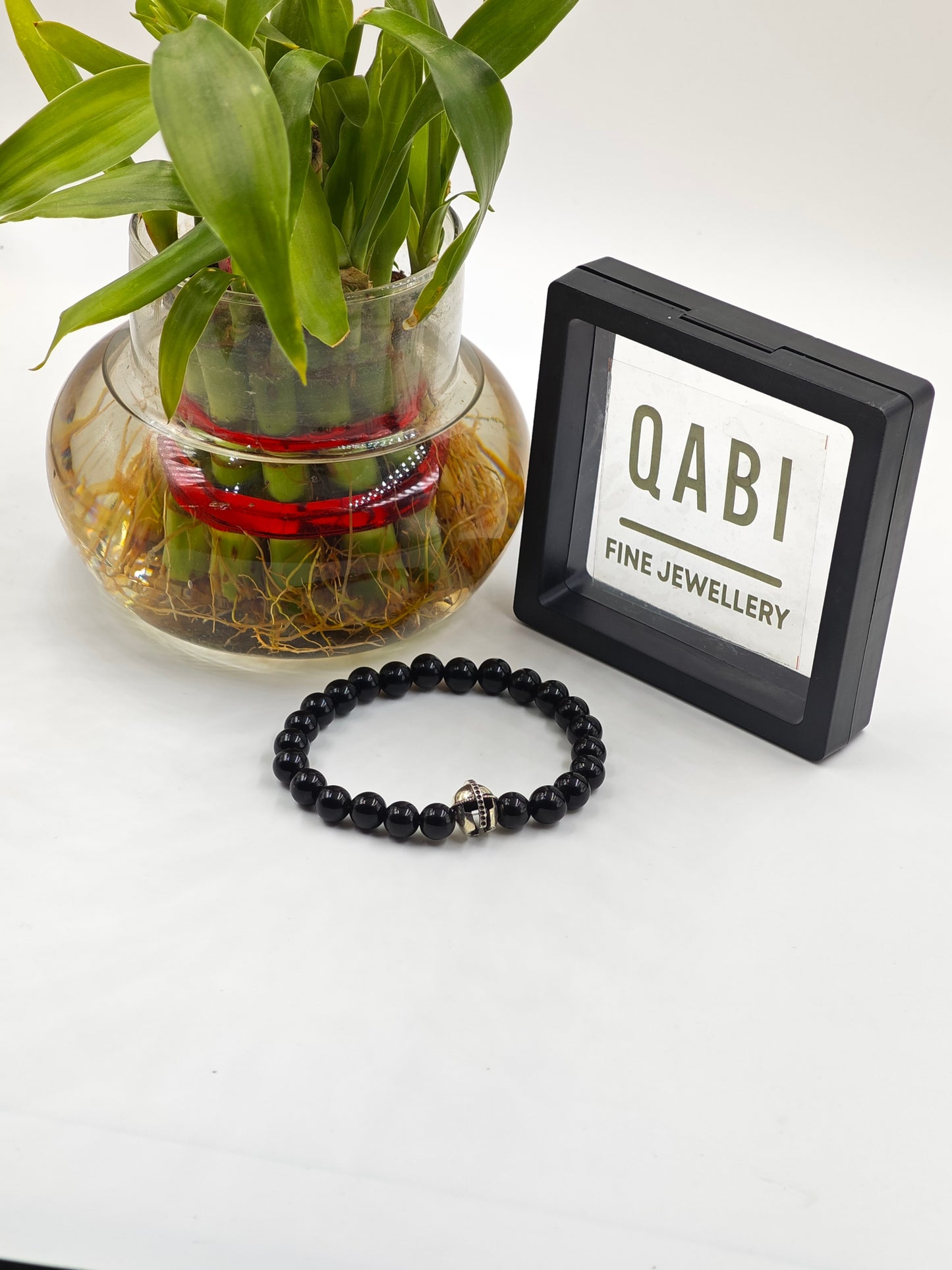 BLACK OBSIDIAN BEADED BAND WITH SILVER WARRIOR CAP CLASP