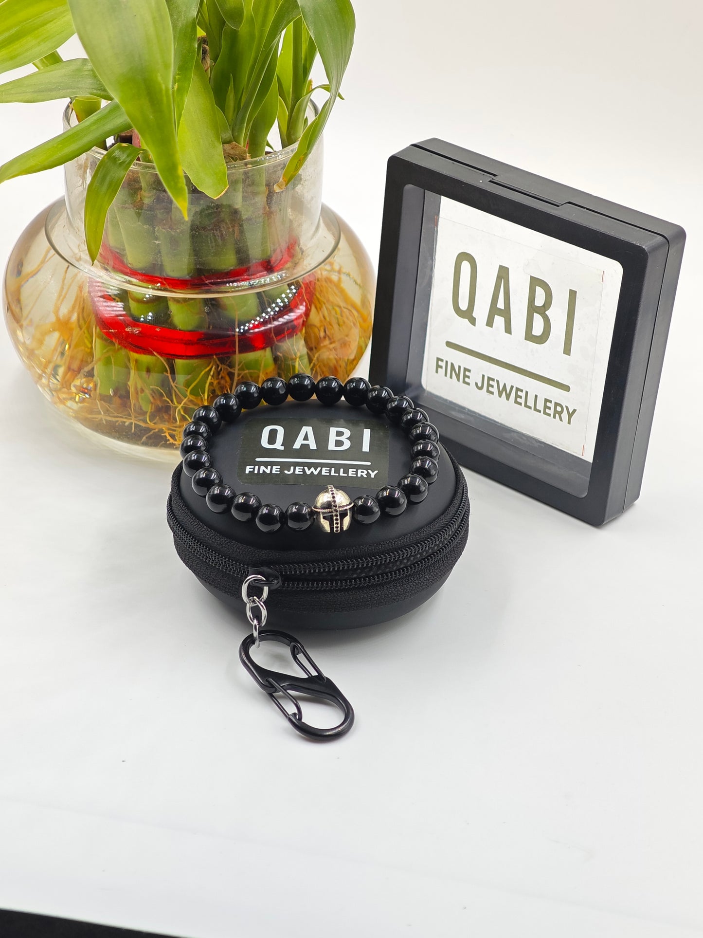 BLACK OBSIDIAN BEADED BAND WITH SILVER WARRIOR CAP CLASP