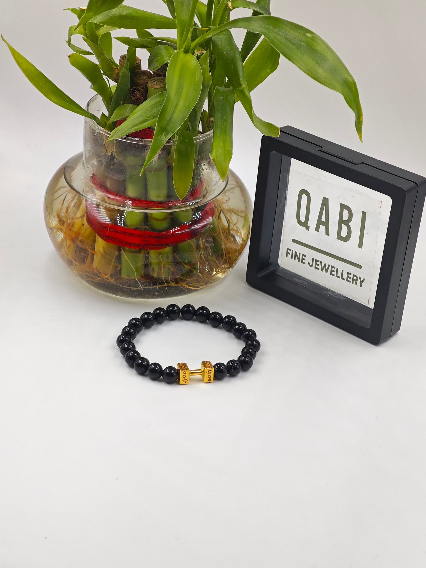 BLACK OBSIDIAN BEADED BAND WITH SILVER WARRIOR CAP GOLD PLATTED