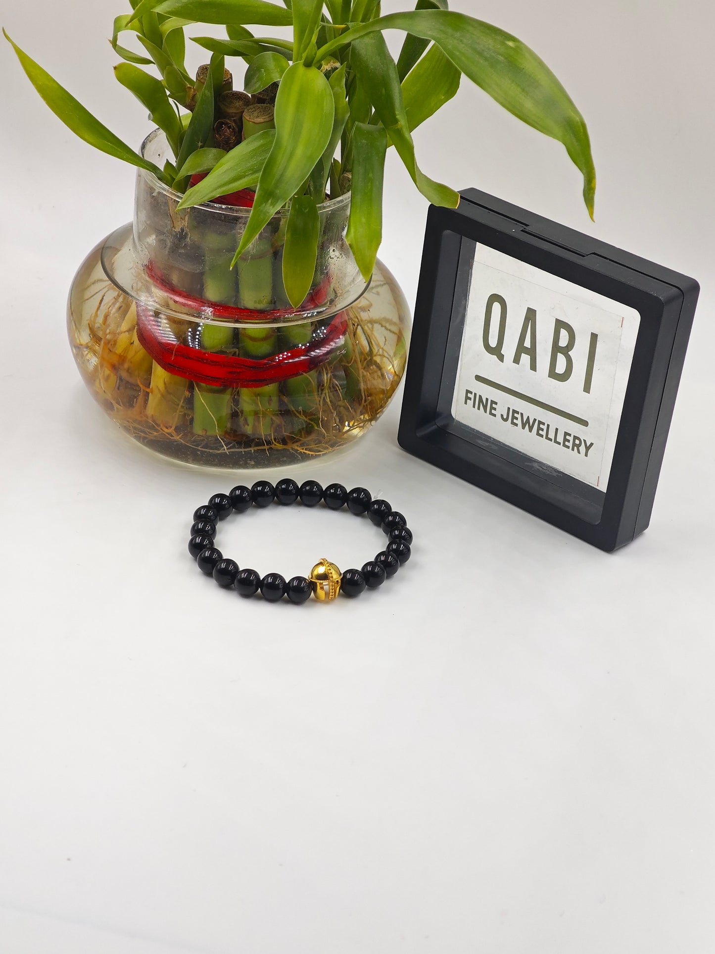 BLACK OBSIDIAN BEADED BAND WITH SILVER WARRIOR CAP GOLD PLATTED