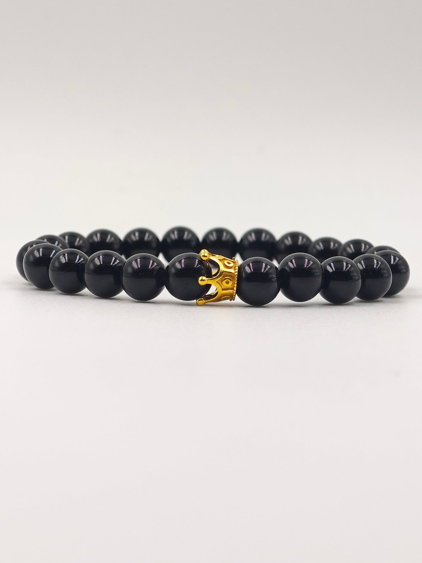 BLACK OBSIDIAN BEADED BAND WITH SILVER CROWN CLASP GOLD PLATTED