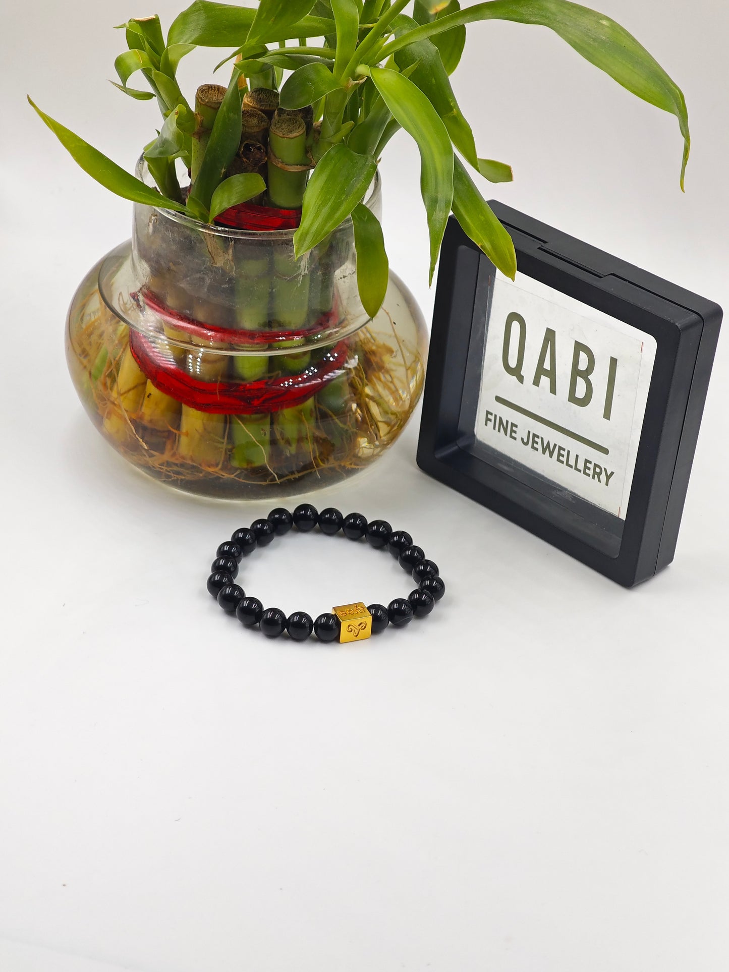 BLACK OBSIDIAN BEADED BAND WITH G.O.A.T SIGNATURE GOLD PLATTED SILVER CLASP