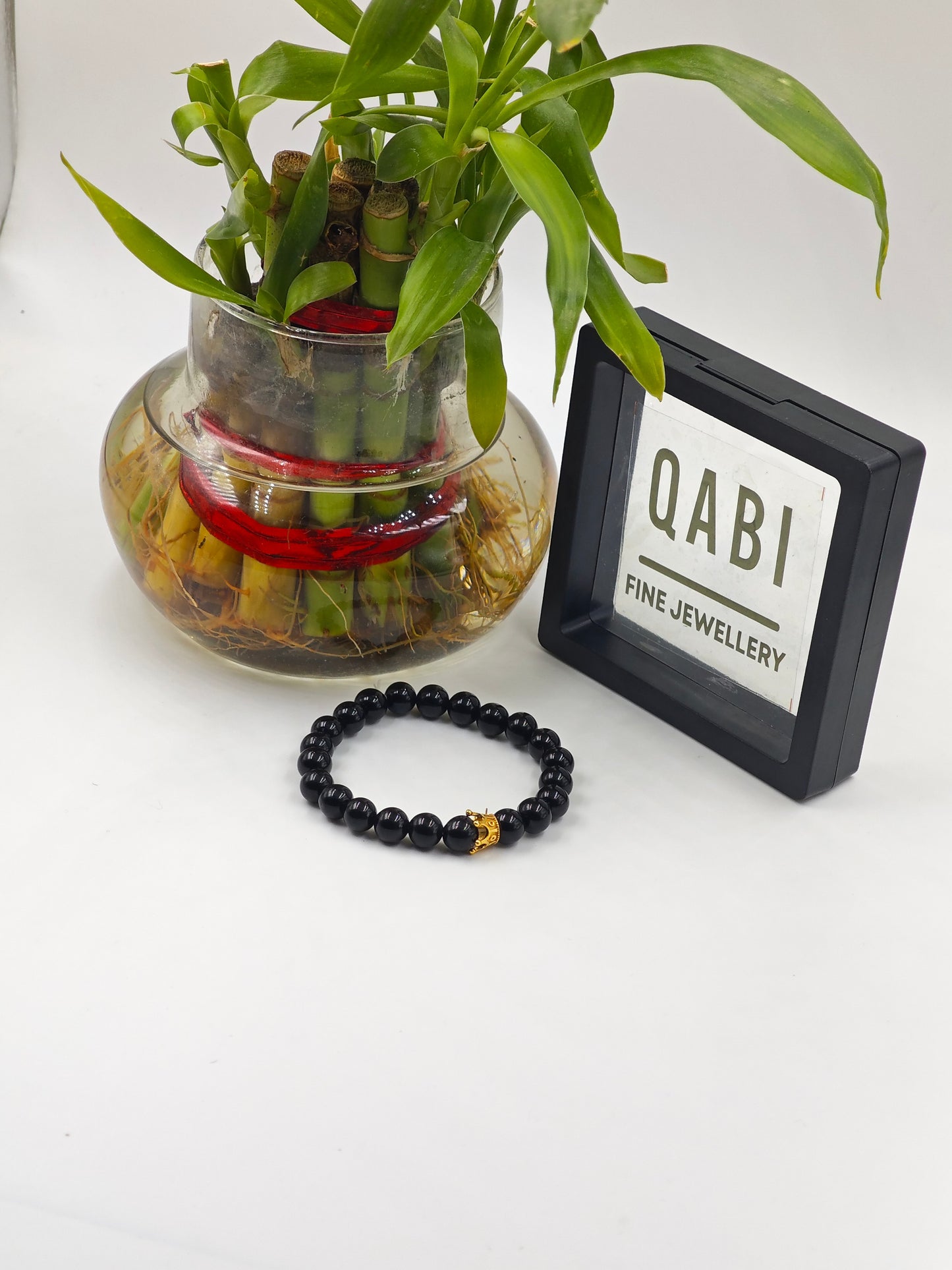 BLACK OBSIDIAN BEADED BAND WITH SILVER CROWN CLASP GOLD PLATTED