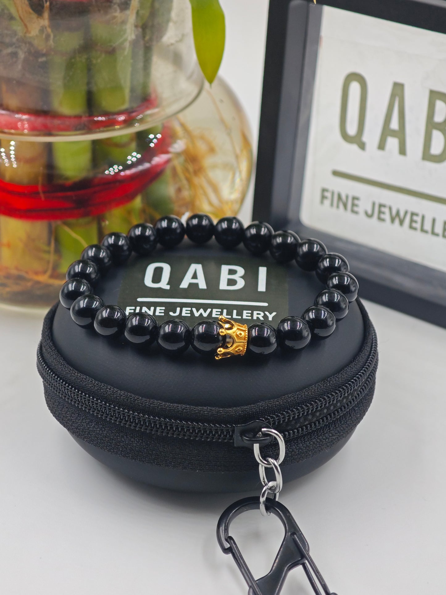 BLACK OBSIDIAN BEADED BAND WITH SILVER CROWN CLASP GOLD PLATTED