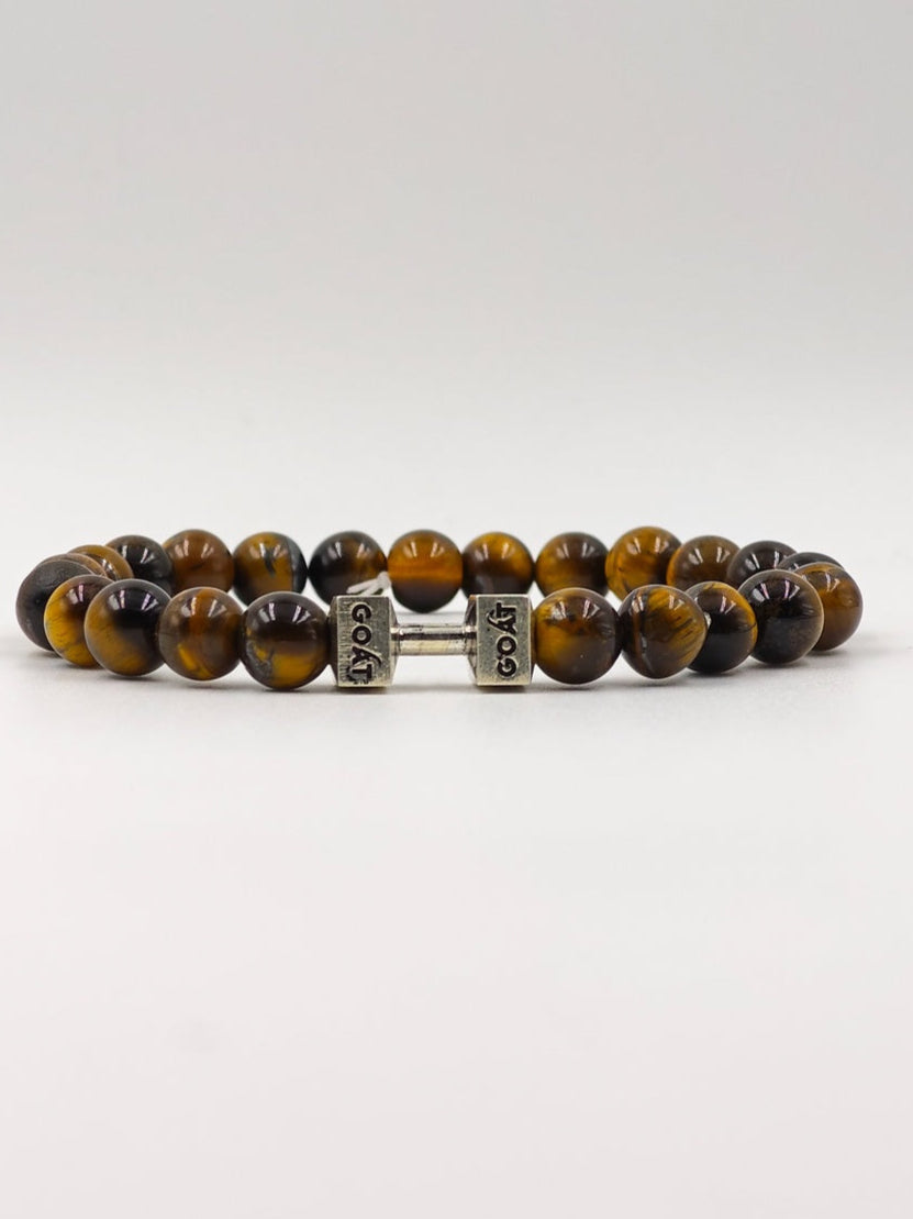 YELLOW TIGER EYE BEADED BAND WITH SILVER G.O.A.T DUMBLE CLASP