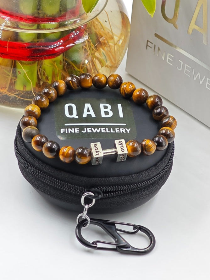 YELLOW TIGER EYE BEADED BAND WITH SILVER G.O.A.T DUMBLE CLASP