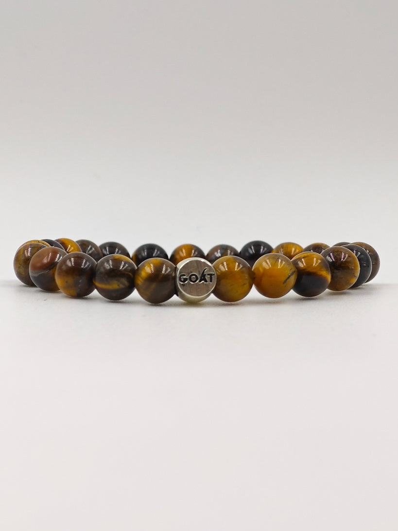 YELLOW TIGER EYE BEADED BAND WITH SILVER G.O.A.T SIGNATURE ROUND DRUM CLASP