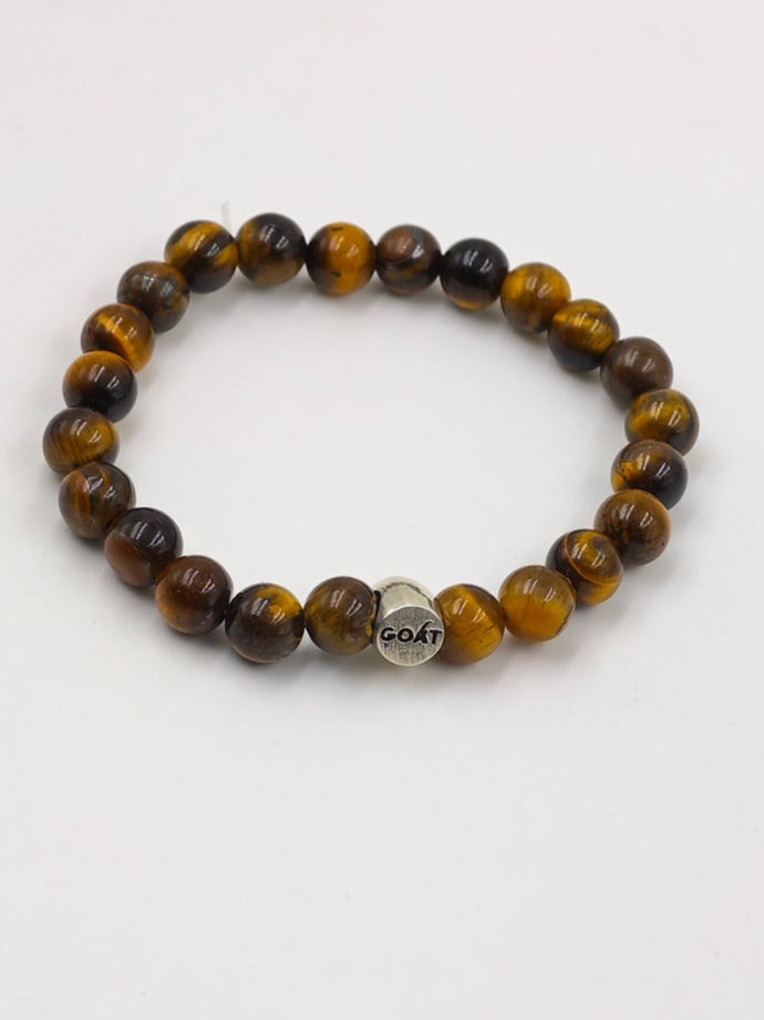 YELLOW TIGER EYE BEADED BAND WITH SILVER G.O.A.T SIGNATURE ROUND DRUM CLASP