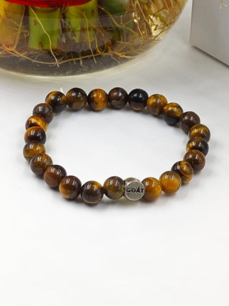 YELLOW TIGER EYE BEADED BAND WITH SILVER G.O.A.T SIGNATURE ROUND DRUM CLASP