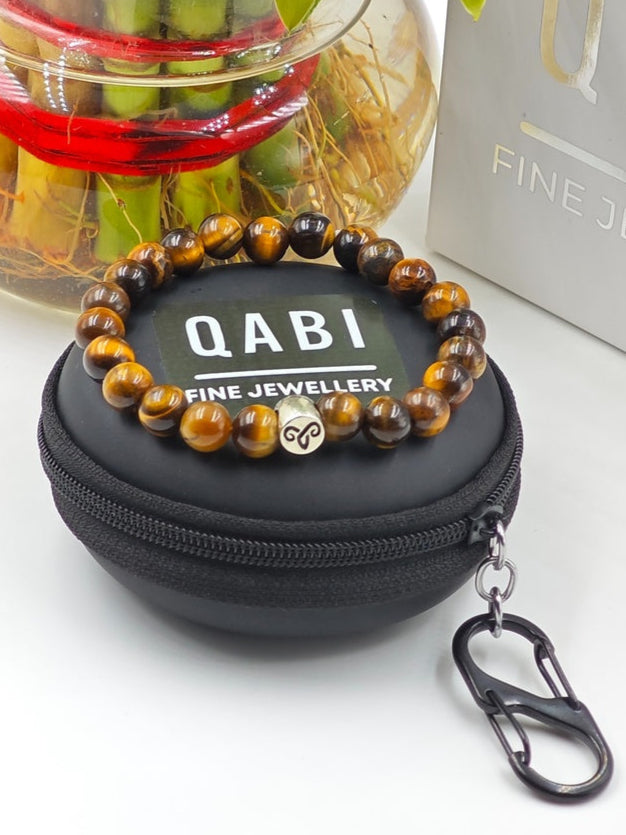 YELLOW TIGER EYE BEADED BAND WITH SILVER G.O.A.T SIGNATURE ROUND DRUM CLASP
