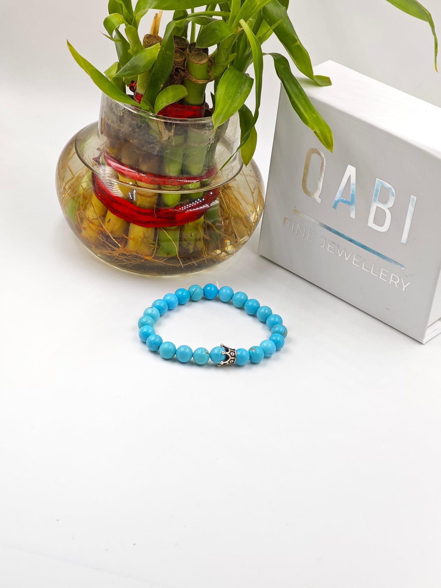 TURQUOISE STONE BEADED BAND WITH SILVER CROWN CLASP