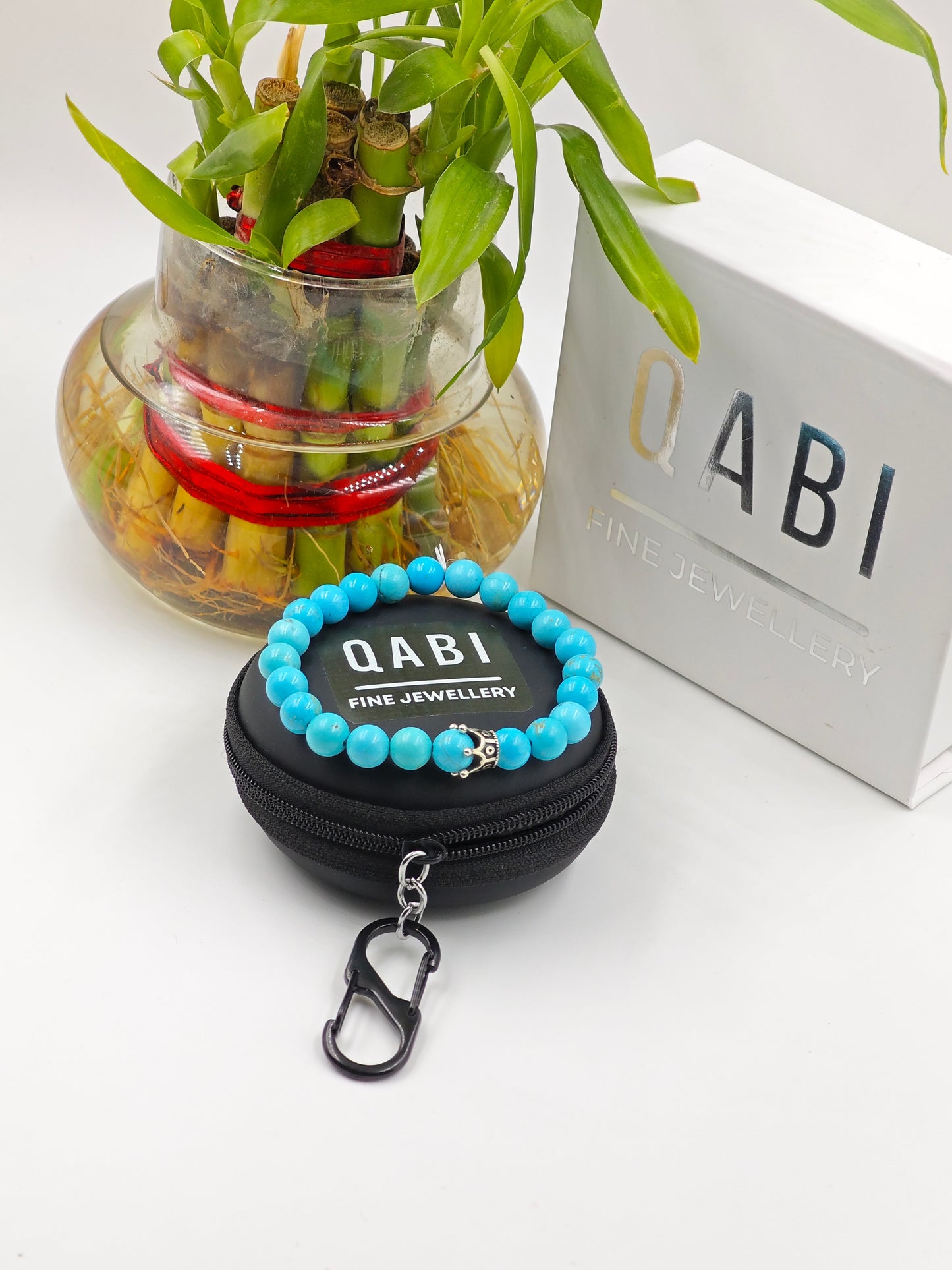 TURQUOISE STONE BEADED BAND WITH SILVER CROWN CLASP