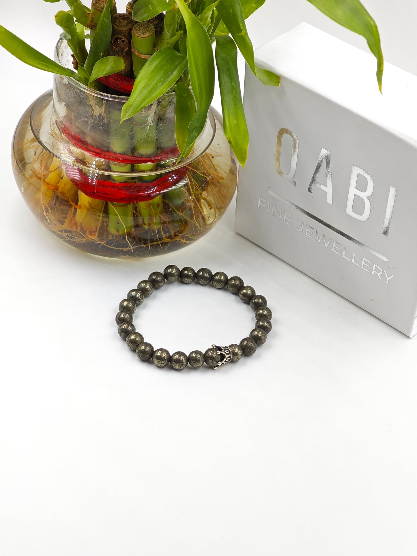 PYRITE STONE BEADED BAND WITH SILVER CROWN CLASP