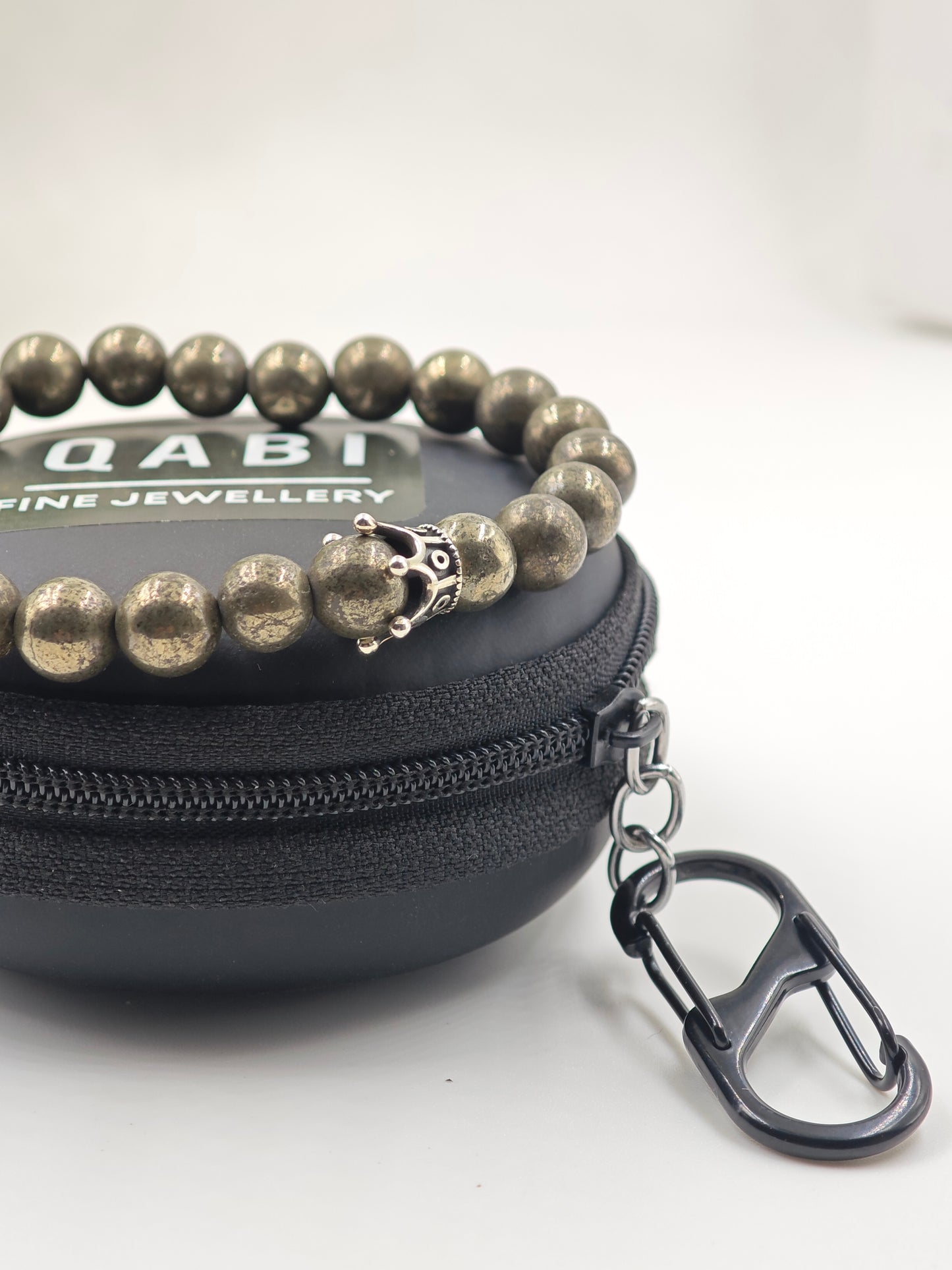 PYRITE STONE BEADED BAND WITH SILVER CROWN CLASP