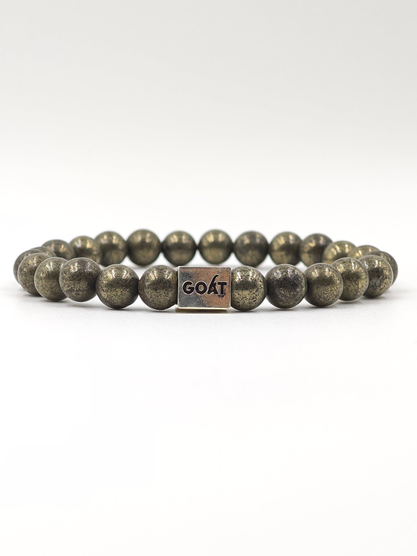 PYRITE STONE BEADED BAND WITH SILVER G.O.A.T SIGNATURE DRUM CLASP