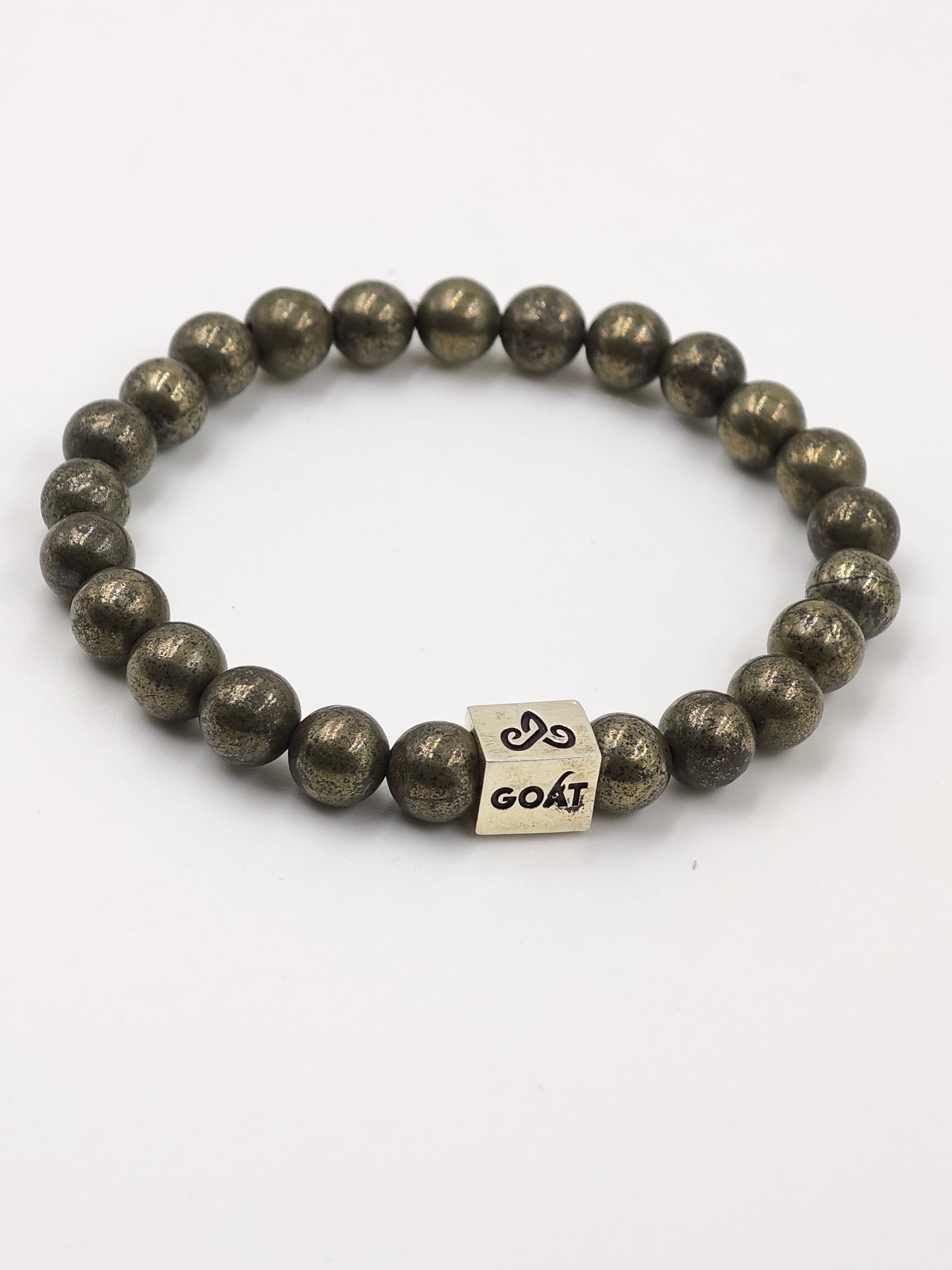 PYRITE STONE BEADED BAND WITH SILVER G.O.A.T SIGNATURE DRUM CLASP