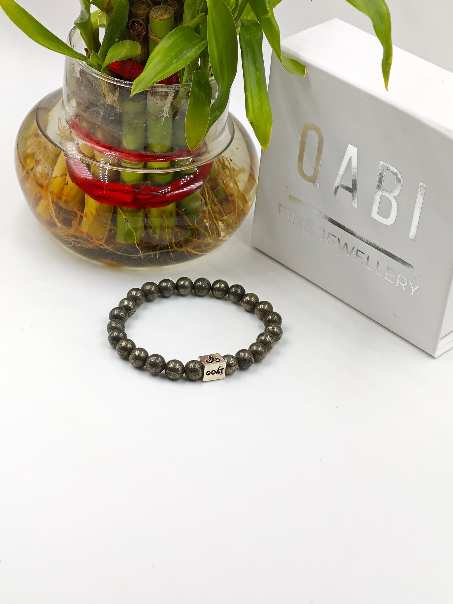 PYRITE STONE BEADED BAND WITH SILVER G.O.A.T SIGNATURE DRUM CLASP