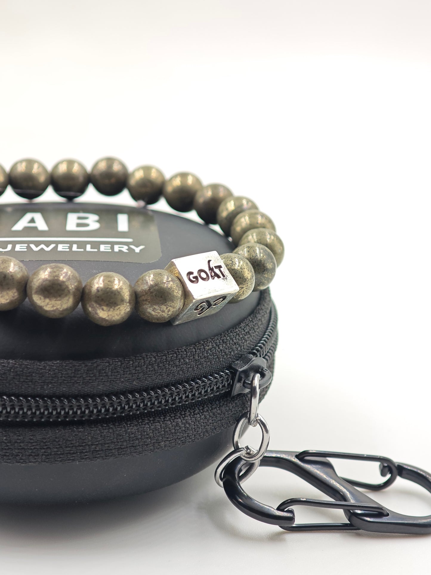 PYRITE STONE BEADED BAND WITH SILVER G.O.A.T SIGNATURE DRUM CLASP