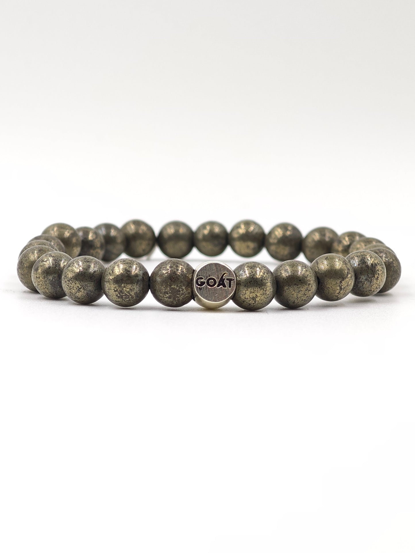 PYRITE STONE BEADED BAND WITH SILVER G.O.A.T SIGNATURE DRUM CLASP