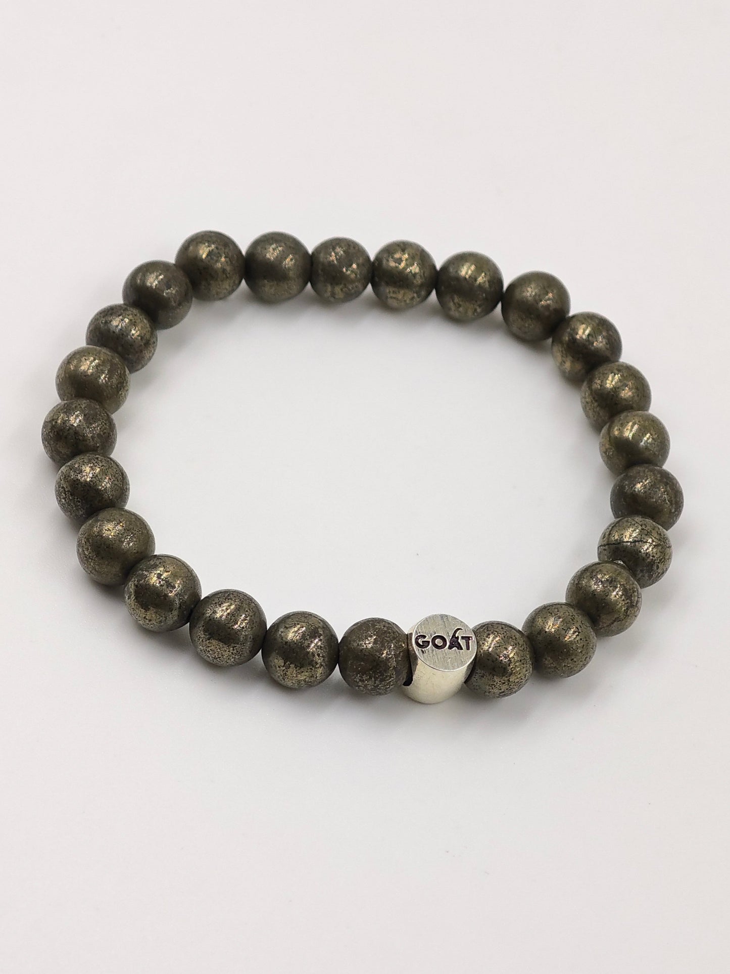 PYRITE STONE BEADED BAND WITH SILVER G.O.A.T SIGNATURE DRUM CLASP