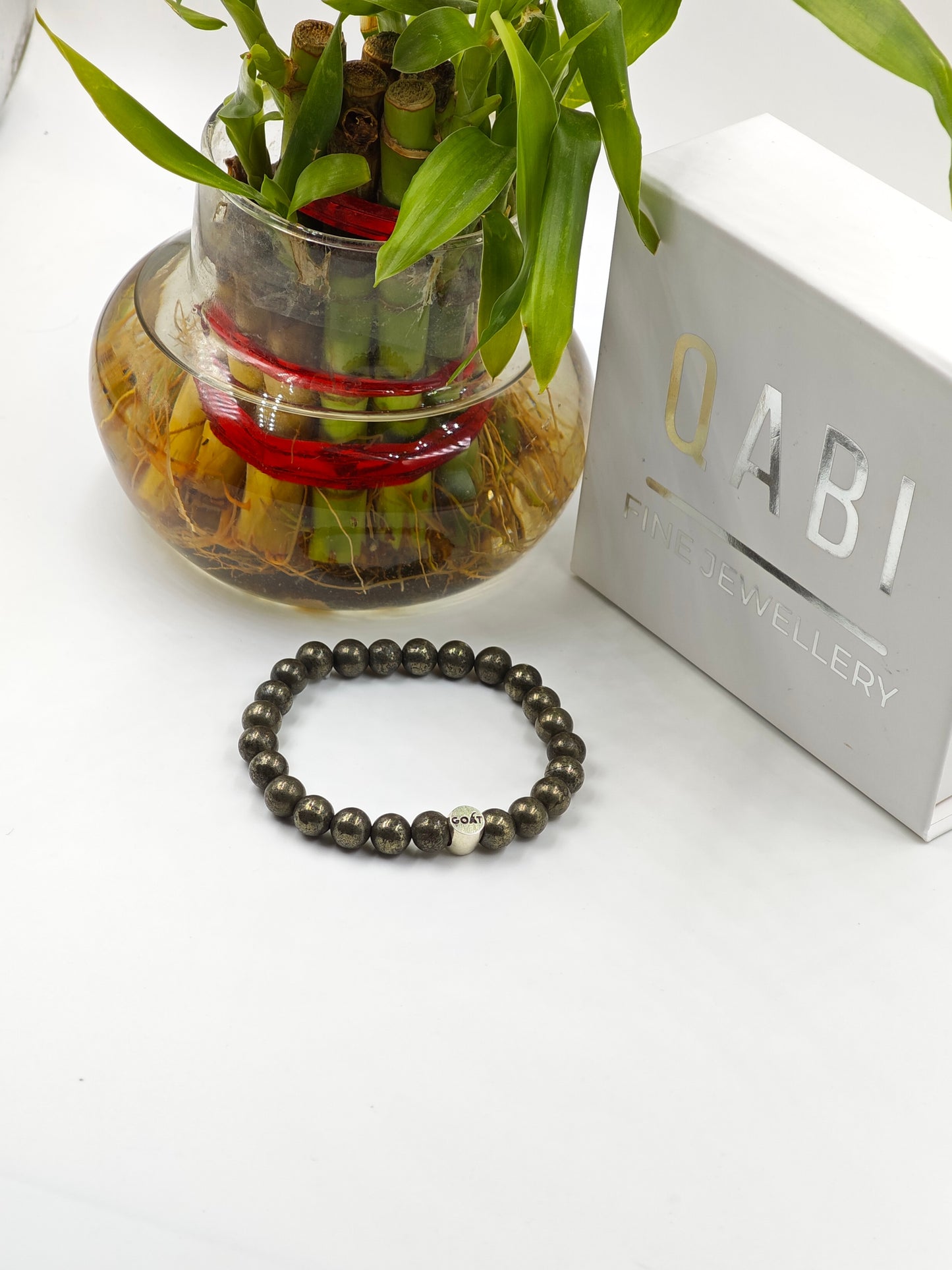 PYRITE STONE BEADED BAND WITH SILVER G.O.A.T SIGNATURE DRUM CLASP