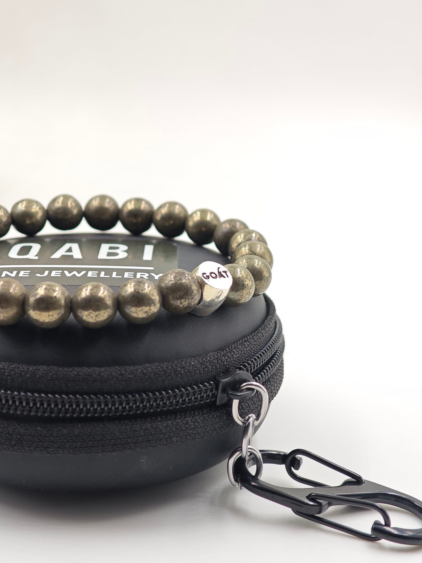 PYRITE STONE BEADED BAND WITH SILVER G.O.A.T SIGNATURE DRUM CLASP
