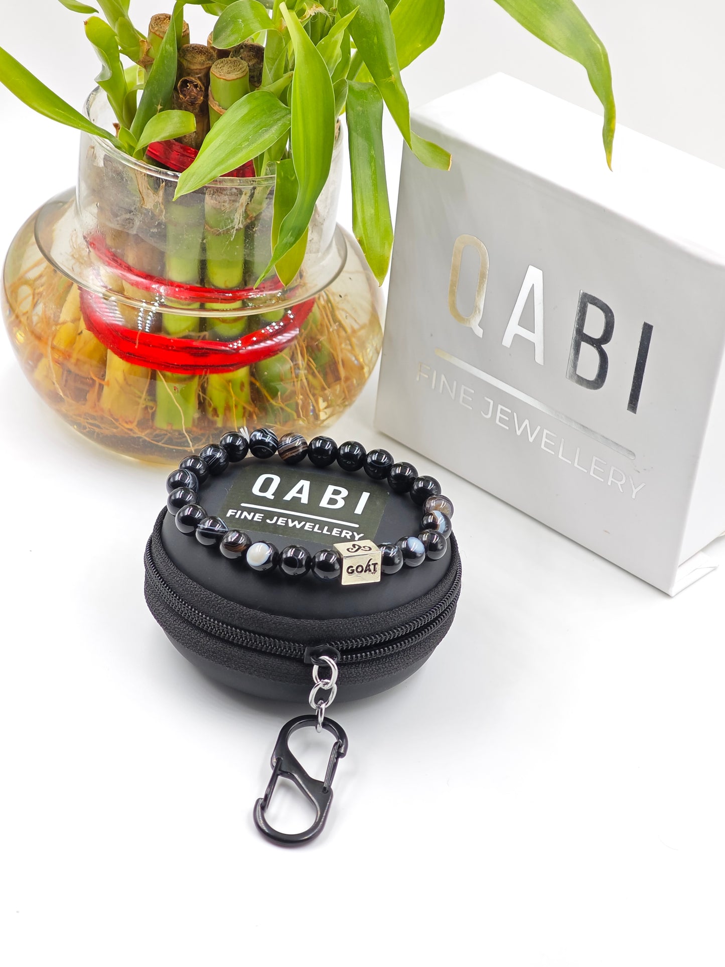 BLACK OBSIDIAN BEADED BAND WITH SILVER G.O.A.T SIGNATURE RECTANGLE DRUM CLASP