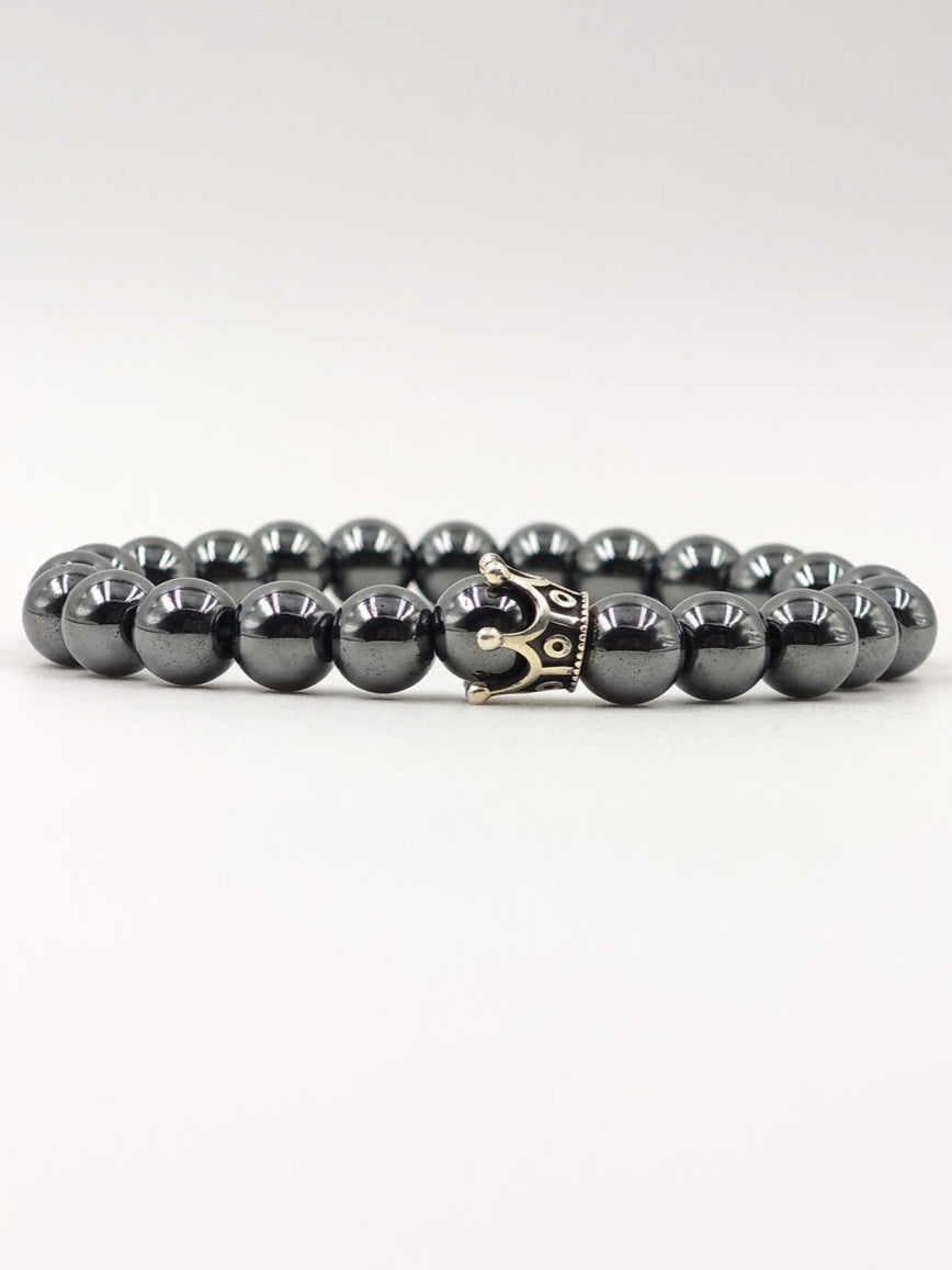 HEMATITE BEADED BAND WITH SILVER CROWN CLASP
