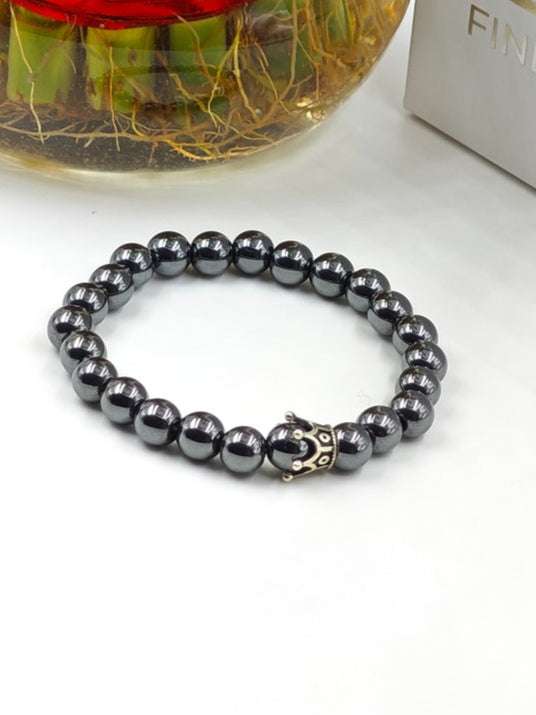 HEMATITE BEADED BAND WITH SILVER CROWN CLASP
