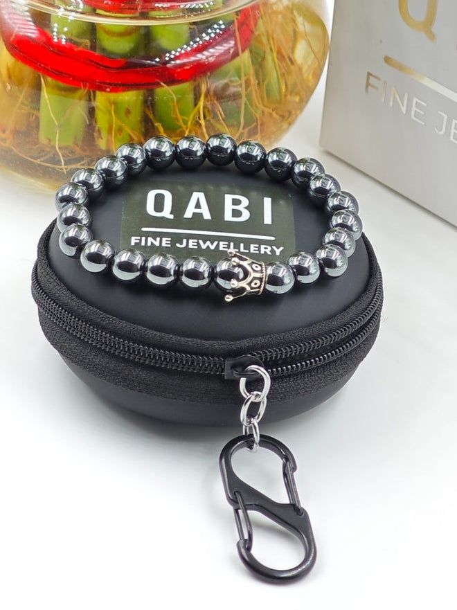 HEMATITE BEADED BAND WITH SILVER CROWN CLASP