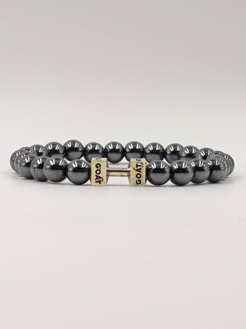 HEMATITE BEADED BAND WITH SILVER G.O.A.T SIGNATURE DUMBLE CLASP