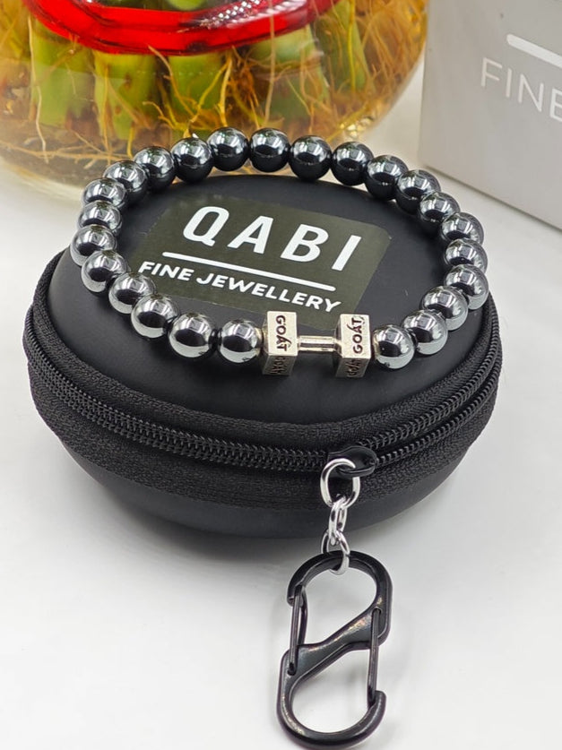HEMATITE BEADED BAND WITH SILVER G.O.A.T SIGNATURE DUMBLE CLASP