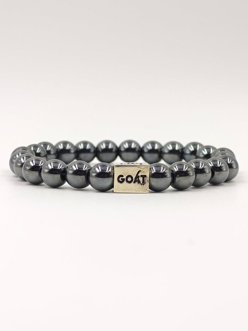 HEMATITE BEADED BAND WITH SILVER G.O.A.T SIGNATURE RECTANGLE DRUM CLASP