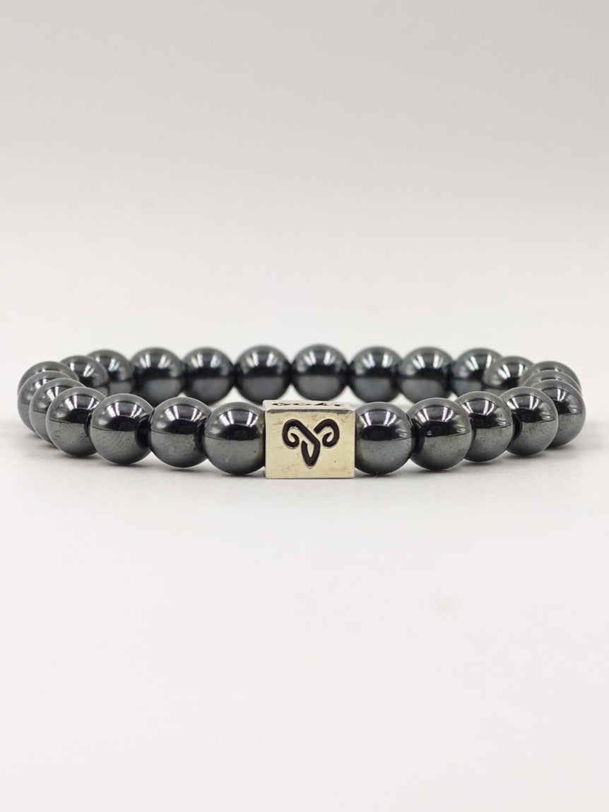 HEMATITE BEADED BAND WITH SILVER G.O.A.T SIGNATURE RECTANGLE DRUM CLASP