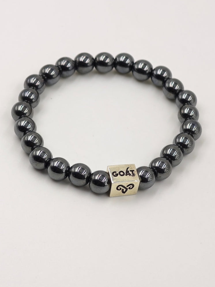 HEMATITE BEADED BAND WITH SILVER G.O.A.T SIGNATURE RECTANGLE DRUM CLASP