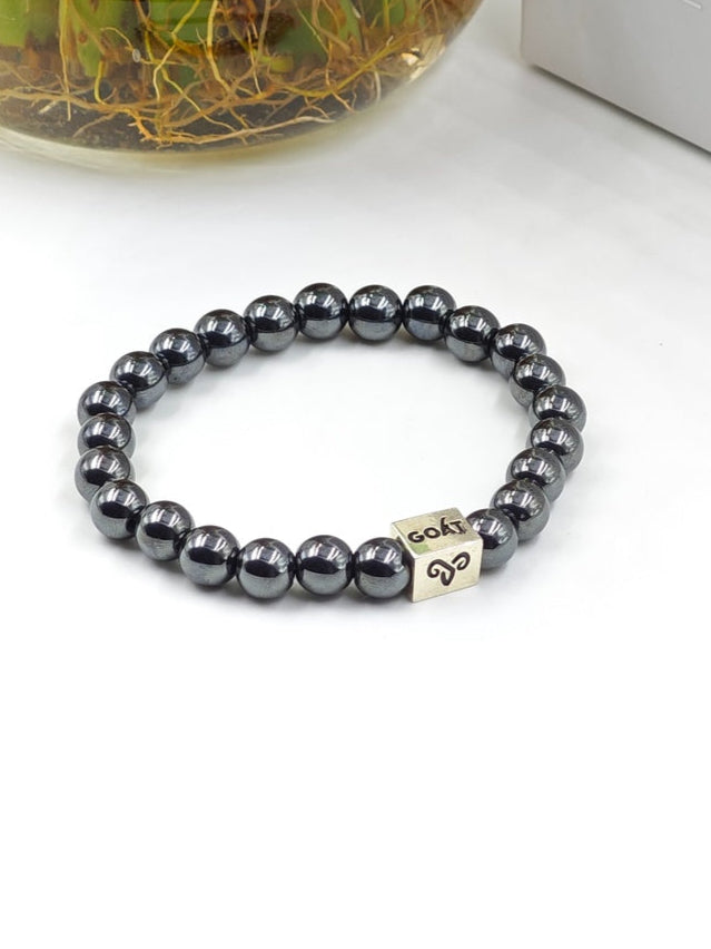 HEMATITE BEADED BAND WITH SILVER G.O.A.T SIGNATURE RECTANGLE DRUM CLASP