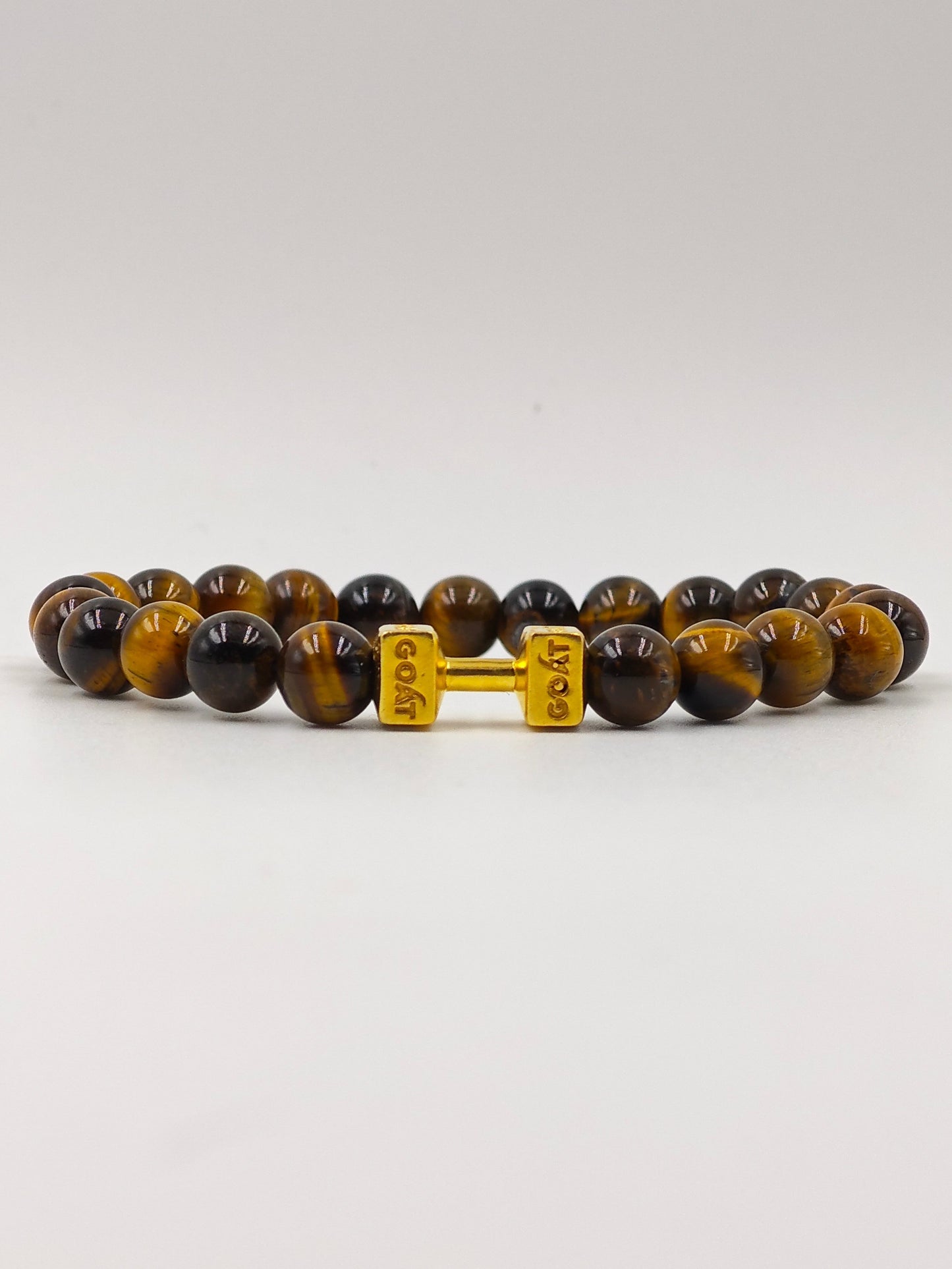 YELLOW TIGER EYE BEADED BAND WITH SILVER G.O.A.T. SIGNATURE DUMBLE GOLD PLATTED