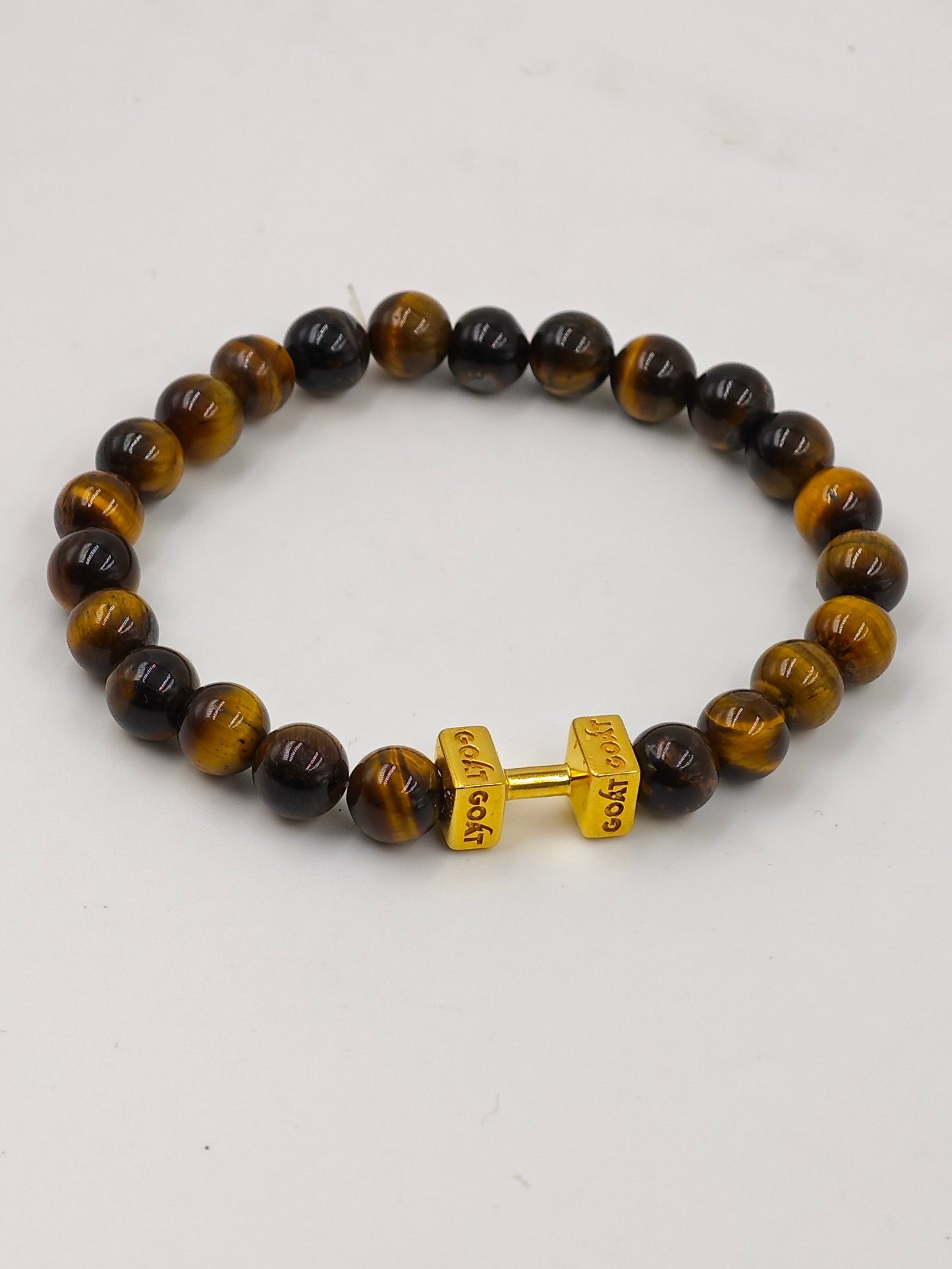 YELLOW TIGER EYE BEADED BAND WITH SILVER G.O.A.T. SIGNATURE DUMBLE GOLD PLATTED