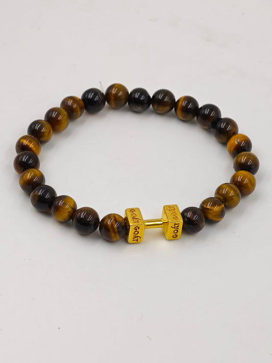 YELLOW TIGER EYE BEADED BAND WITH SILVER G.O.A.T. SIGNATURE DUMBLE GOLD PLATTED