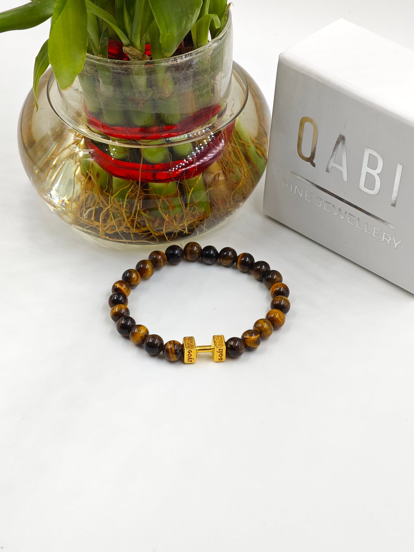 YELLOW TIGER EYE BEADED BAND WITH SILVER G.O.A.T. SIGNATURE DUMBLE GOLD PLATTED