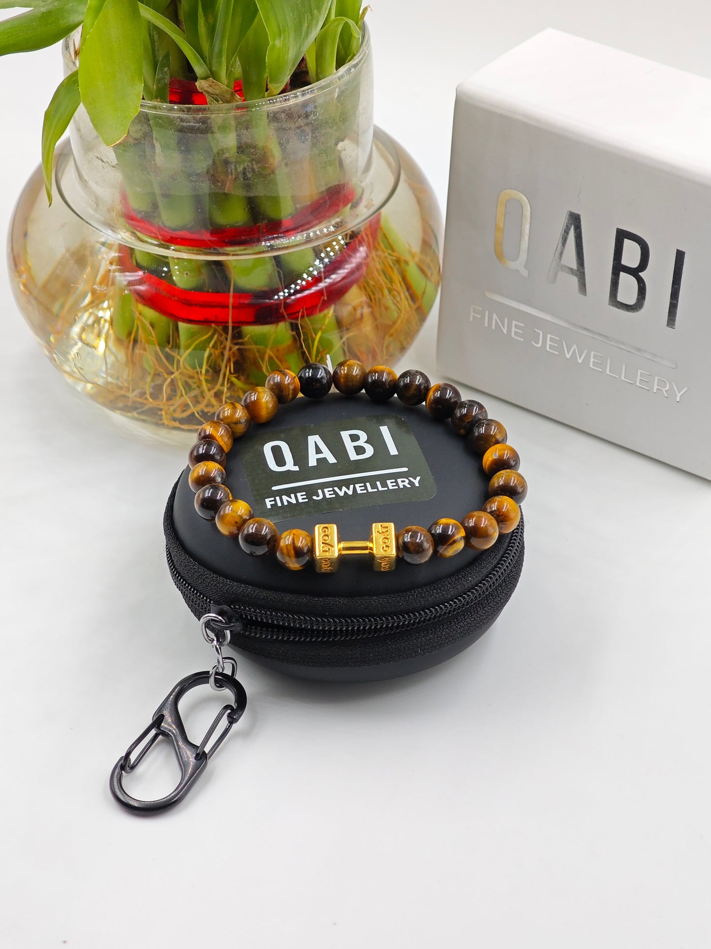 YELLOW TIGER EYE BEADED BAND WITH SILVER G.O.A.T. SIGNATURE DUMBLE GOLD PLATTED